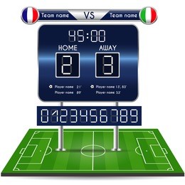 broadcast graphic for football final score. football soccer match statistics. scoreboard and numbers. france versus italy team. digital background vector illustration. infographic