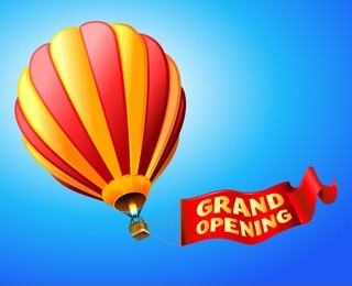 vector illustration of hot air balloon with red sign "grand opening"