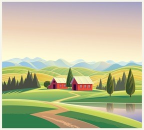 rural landscape with the houses and mountains and hills, vector illustration.