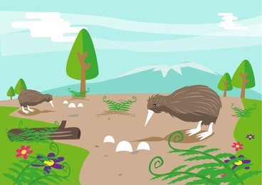 kiwi bird guarding its eggs. the bird is the national symbol of new zealand. editable clip art.