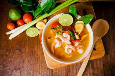 tom yam kong or tom yum, tom yam is a spicy clear soup typical in thailand and no.1 thai dish cuisine. thai food.