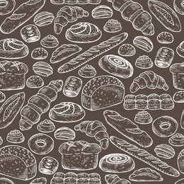 hand drawn bakery products and sweet pastries. bread seamless pattern. vector illustration