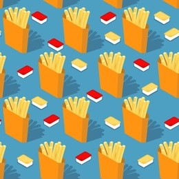 french fries in paper box seamless pattern. fast food background. cheese sauce and ketchup texture. food ornament