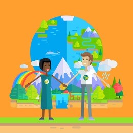 smiling man and woman holding hands on planet earth and nature background. ecologist, environmentalist, nature protection activist or volunteer illustration. flat design. international earth day.