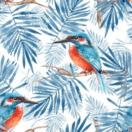 leaves and kingfisher 3. seamless pattern with bird and plants. floral background