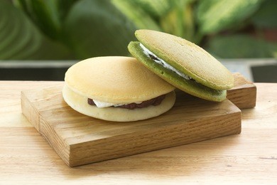 japanese dessert, green tea and red bean  dorayaki pan cake