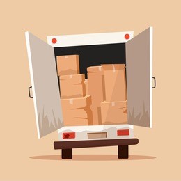 moving with boxes. boxes with things. transport company. service. moving van. cartoon vector illustration