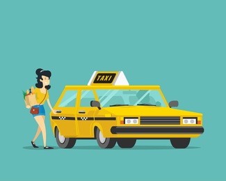 woman entering a yellow taxi. vector illustration.