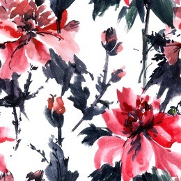 watercolor and ink illustration of blossom flower. gohua, sumi-e, u-sin painting. seamless pattern.