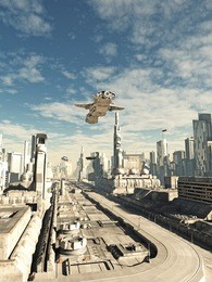 science fiction illustration of an interstellar space ship on its final approach to landing in a futuristic sci-fi city, digital illustration (3d rendering)