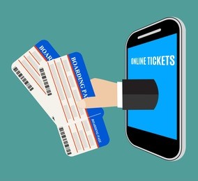 hand coming out of the smartphone with airplane ticket . online tickets booking concept. vector illustration in flat design