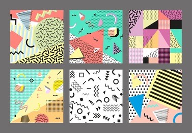retro vintage 80s or 90s fashion style. memphis cards. trendy geometric elements. modern abstract design poster, cover, card design. vector illustration. big set.