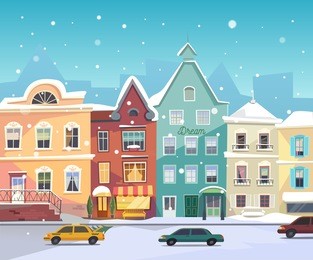 sunny city street at winter. cartoon buildings. christmas background with urban houses, boutiques, shops, grocery facade, bar door. cars in the road at winter. snowfall.