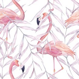 watercolor seamless pattern with exotic flamingo and leaves branches. summer decoration print for wrapping, wallpaper, fabric