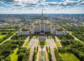 aerial drone view of lomonosov moscow state university on sparrow hills, moscow, russia. scenic panorama of moscow with the main building of msu from above. moscow skyline on a sunny summer day.