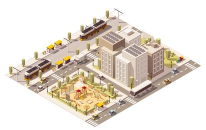vector isometric low poly commuter town with blocks, playground and public transport