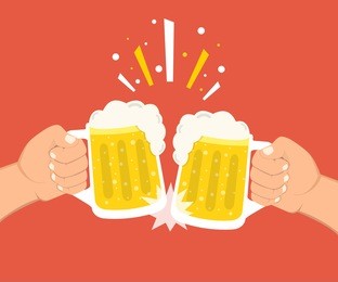 two hands holding beer glasses. concept of beer festival. flat vector illustration.