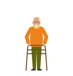 illustration old disabled man isolated on white background. cripple male on walker. physiotherapy and rehabilitation for invalids - vector