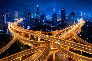 shanghai elevated road junction and interchange overpass at night, shanghai china