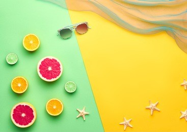 tropical fresh summer set. fashion design. fruit citrus. bright color stylish sunglasses. creative art. minimal. beach concept.