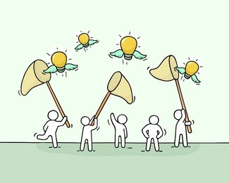 sketch of working little people with flying lamp ideas. doodle cute miniature scene of workers trying to catch light bulb. hand drawn cartoon vector illustration for business design.