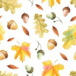 seamless pattern with hand painted watercolor autumn leaves, branches and acorns inspired by forest. romantic floral background perfect for fabric textile, vintage paper or scrapbooking