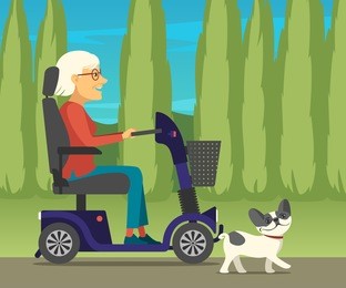 disabled woman in electric mobility scooter driving at the park with her french bulldog. mature lady in power wheelchair strolling with dog on nature
