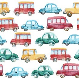 watercolor seamless pattern of different doodle cars on white background