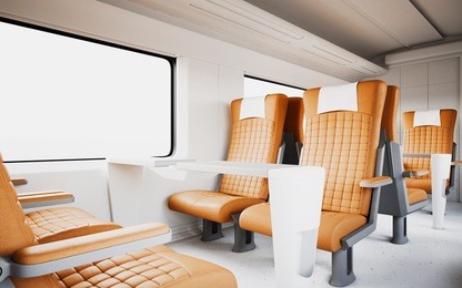 comfortable modern orange color leather armchair inside business class cabin fast speed train.empty white window generic design interior background.blank canvas travel message.mockup.3d rendering