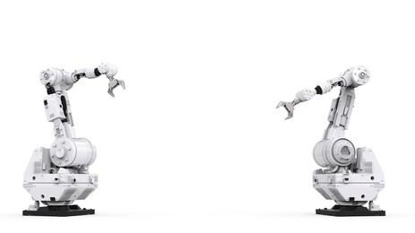 3d rendering white robotic arm with blank space on white background