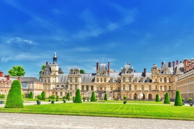 suburban residence of the france kings - facade  beautiful chateau fontainebleau and surrounding his park.