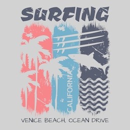 vector illustration on the theme of surfing and surf rider in california, venice beach. typography, t-shirt graphics, poster, banner, flyer, postcard