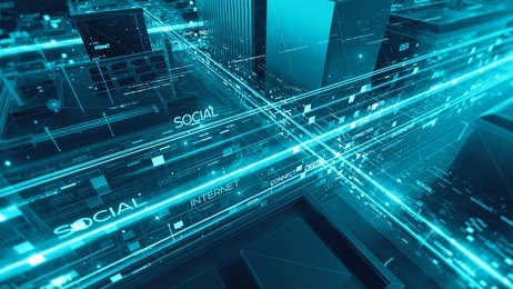 abstract 3d city rendering with lines and digital elements. digital skyscrappers with wire texture. technology and connection concept. perspective architecture background with wireframe skyscrapers.