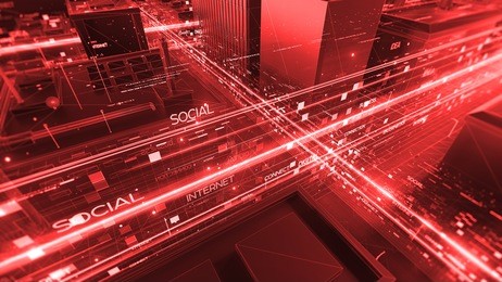 abstract 3d city rendering with lines and digital elements. digital skyscrappers with wire texture. technology and connection concept. perspective architecture background with wireframe skyscrapers.