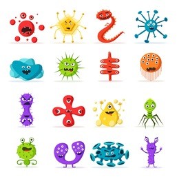 set of bacteria characters. cartoon vector illustration. microbiology. isolated background. funny monsters. angry viruses