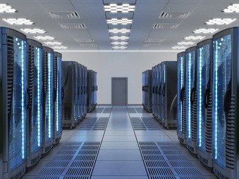 network and internet communication technology concept, data center interior, server racks with telecommunication equipment in server room, 3d illustration