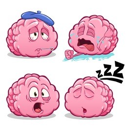 vector cartoon illustration of brain character. different poses and emotions. brain character is stressed, tired, ill, sick and sleeping