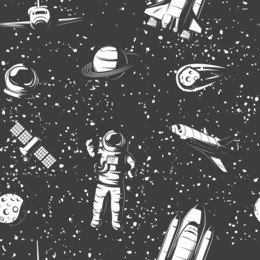 space monochrome seamless pattern with astronaut cosmic objects manned ships satellite on starry sky background vector illustration 