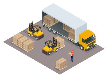 logistics. isometric infographic element or icon representing box truck and forklift loading pallets with cardboard boxes. 