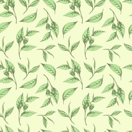 vector seamless background with green tea leaves. hand drawn botanical illustration in vintage style for print, fabric, wrapping, web page and other seamless design.