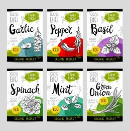 set of colorful stickers in sketch style, food and spices, white background. garlic, pepper, basil, spinach, mint, green onion. vegetables, farm fresh. locally grown. hand drawn vector illustration.
