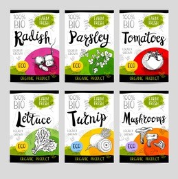 set of colorful stickers in sketch style, food, spices, white background. radish, parsley, tomatoes, lettuce, turnip, mushrooms. vegetables, farm fresh, locally grown. hand drawn vector illustration.