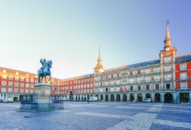 morning light at plaza mayor in madrid , spain