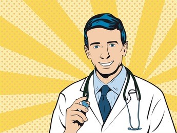 doctor therapist medicine and health. confident mature doctor profession white coat stethoscope pop art retro style illustration.
