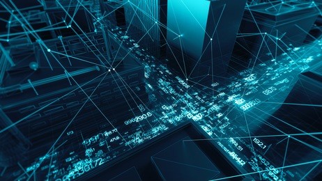 abstract 3d city rendering with lines and digital elements. skyscrappers with wireframe texture and random digits. technology and connection concept. perspective architecture background.