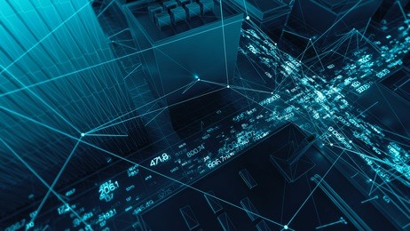 abstract 3d city rendering with lines and digital elements. skyscrappers with wireframe texture and random digits. technology and connection concept. perspective architecture background.