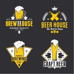 set of vector white and yellow vintage beer logo, icons and design elements isolated on black background