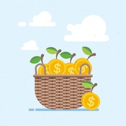 basket with coins as apples. vector, illustration, flat