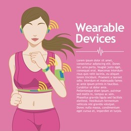 running woman and wearable devices, cartoon illustration