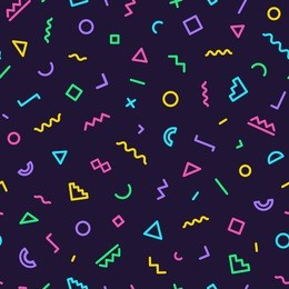 memphis seamless pattern 80's-90's styles on dark background. trendy memphis style. colorful geometric seamless pattern different shapes color style. vector illustration